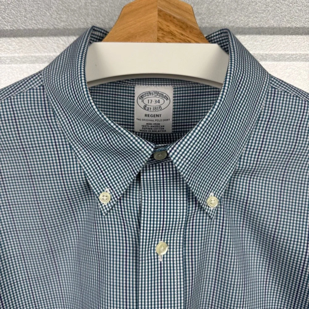 Brooks Brothers Regent Non-Iron Supima Cotton Blue Gingham Dress Shirt 17-34 - Picture 1 of 11